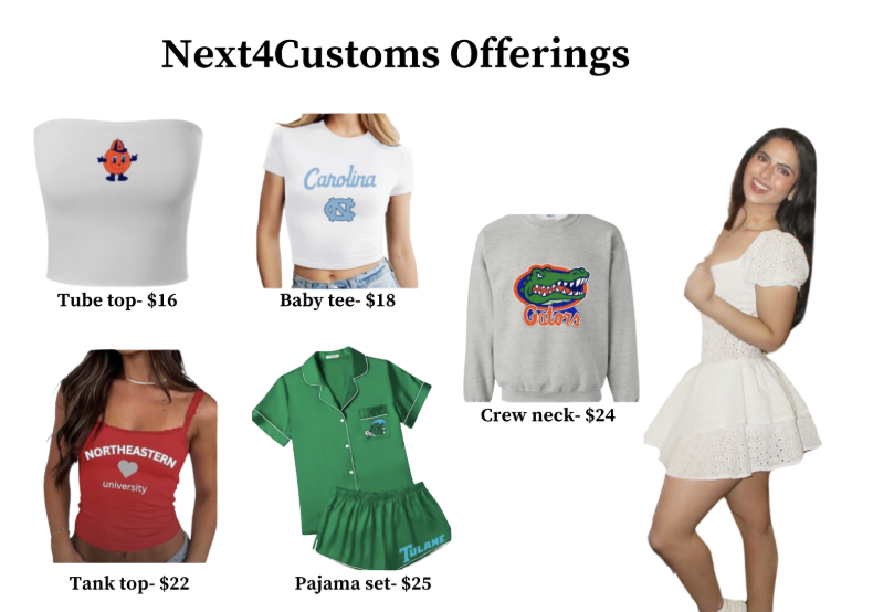 Jasmine Schiffman ’25, pictured above, offers these items and more through her online college merchandise business, Next4Customs. To order, DM her on Instagram @next4customs. 